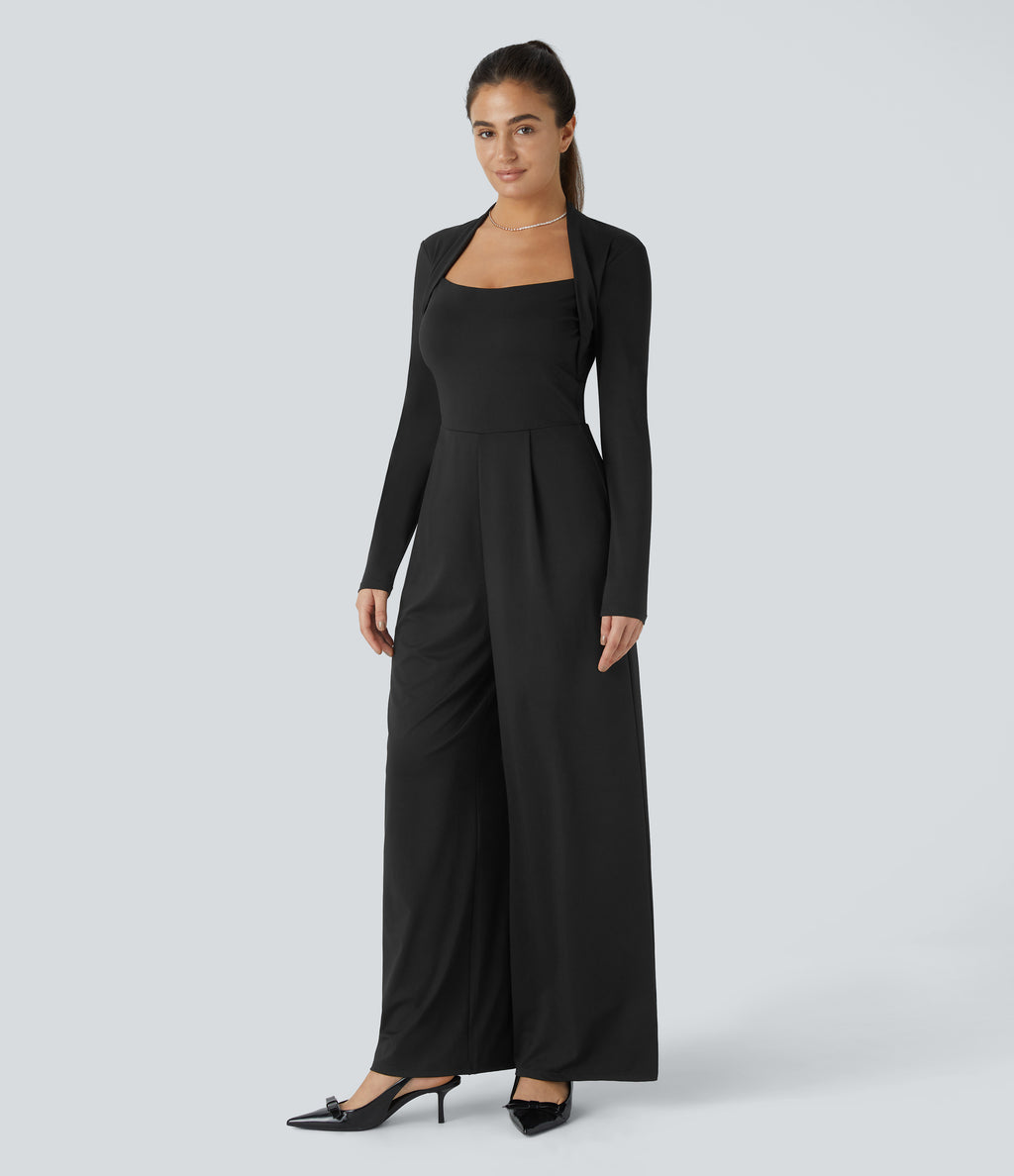 Long Sleeve Wide Leg Party Jumpsuit — Black — view 3