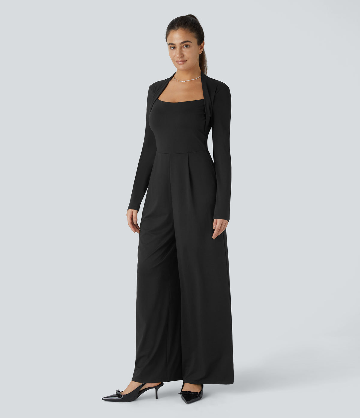 Long Sleeve Wide Leg Party Jumpsuit — Black — view 3