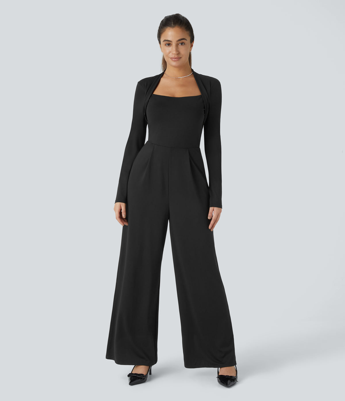 Long Sleeve Wide Leg Party Jumpsuit — Black — view 1