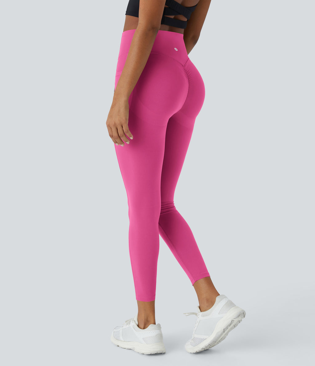 High Waisted Scrunch Butt Lifting Tummy Control Pocket Shaping Training Leggings — Pink Power — view 27