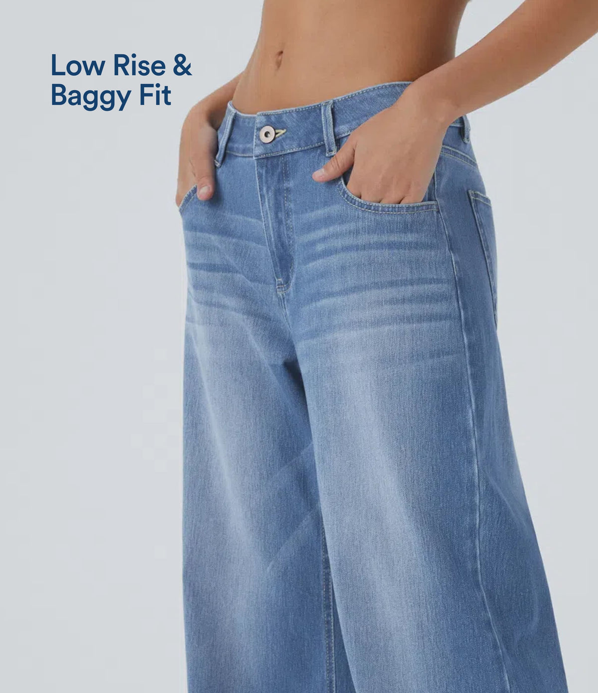 Low Rise Zipper Pockets Washed Baggy Wide Leg Casual Jeans — Blue Spruce Denim — view 7
