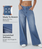 Low Rise Zipper Pockets Washed Baggy Wide Leg Casual Jeans — Blue Spruce Denim — view 1