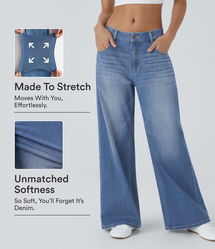 Low Rise Zipper Pockets Washed Baggy Wide Leg Casual Jeans — Blue Spruce Denim — view 1