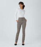 High Waisted Houndstooth Plaid Skinny Work Trousers with Pockets — Brown Houndstooth Plaid — view 5