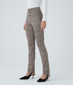 High Waisted Houndstooth Plaid Skinny Work Trousers with Pockets — Brown Houndstooth Plaid — view 3