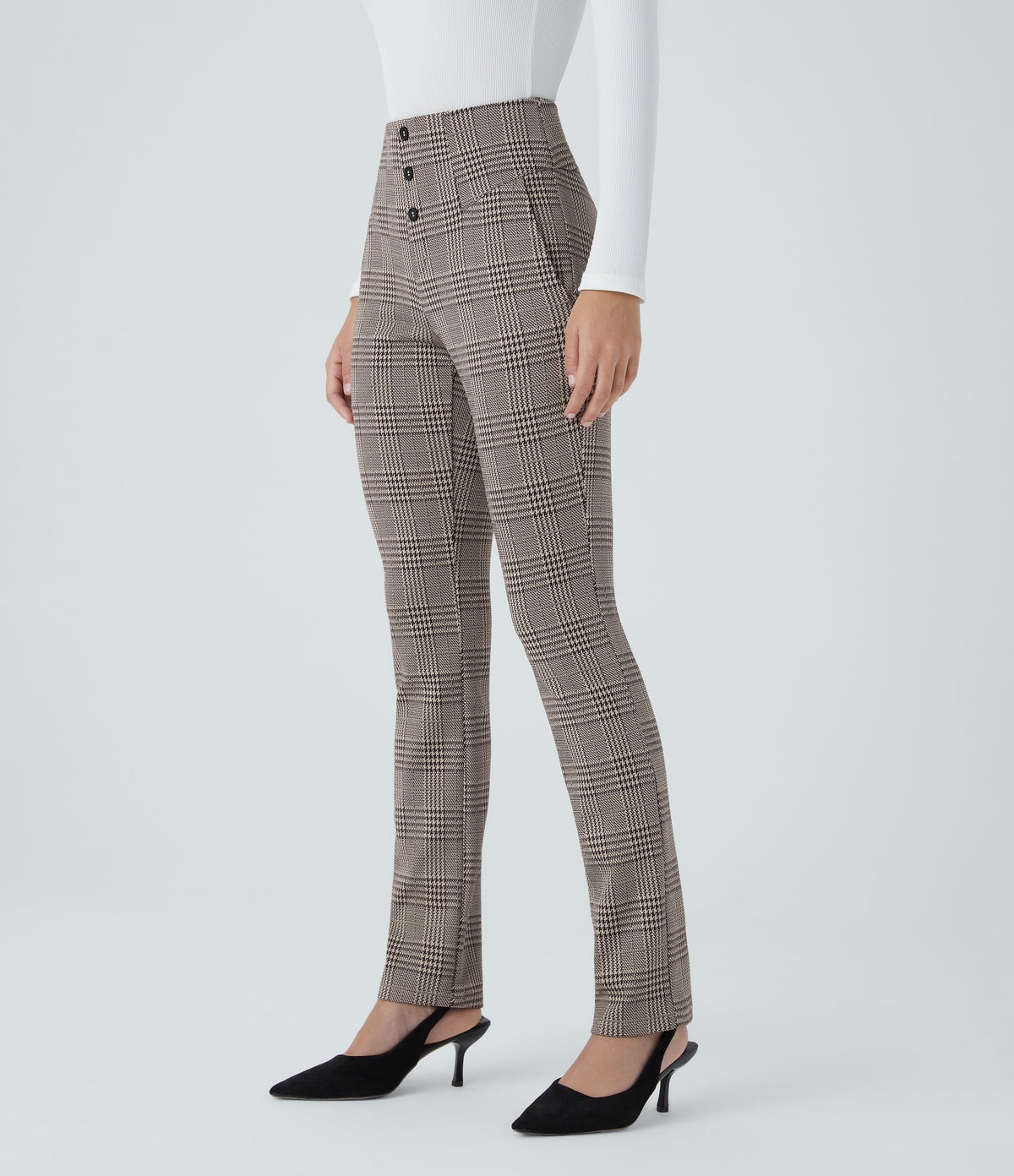 High Waisted Houndstooth Plaid Skinny Work Trousers with Pockets — Brown Houndstooth Plaid — view 3
