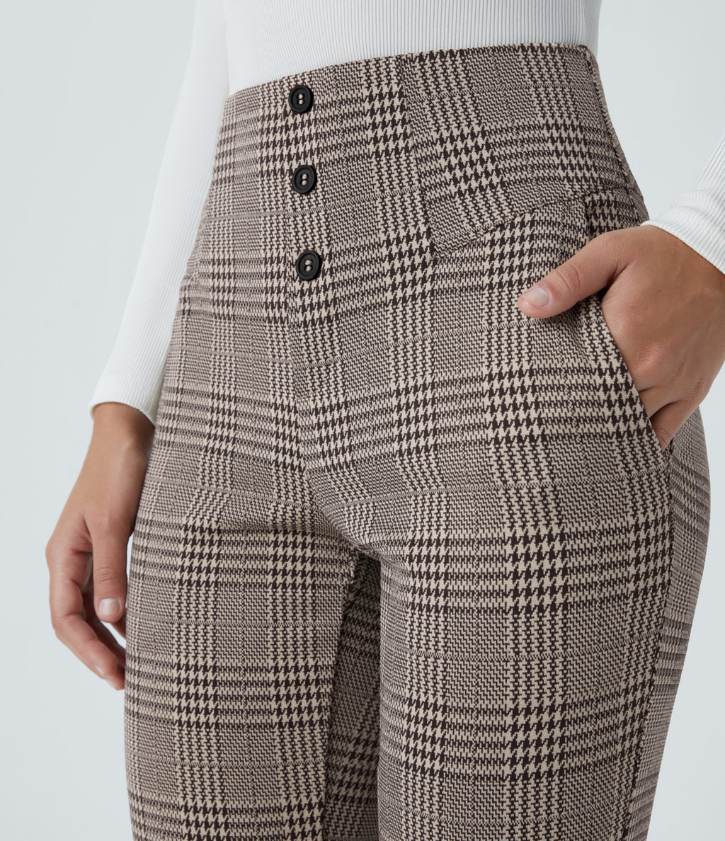 High Waisted Houndstooth Plaid Skinny Work Trousers with Pockets — Brown Houndstooth Plaid — view 4