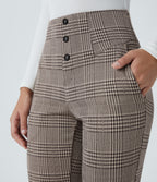 High Waisted Houndstooth Plaid Skinny Work Trousers with Pockets — Brown Houndstooth Plaid — view 4