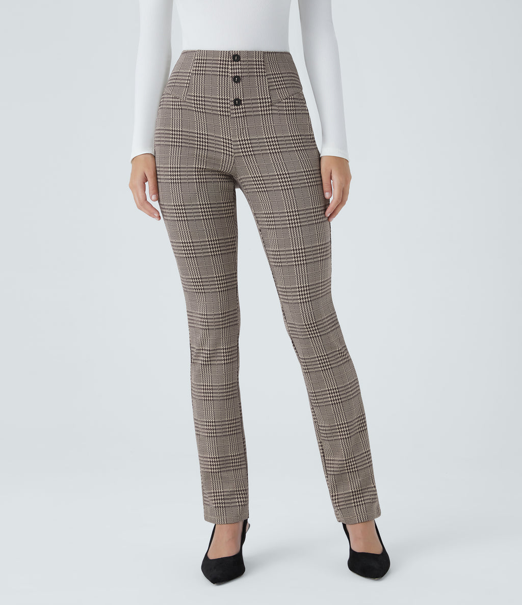 High Waisted Houndstooth Plaid Skinny Work Trousers with Pockets — Brown Houndstooth Plaid — view 1
