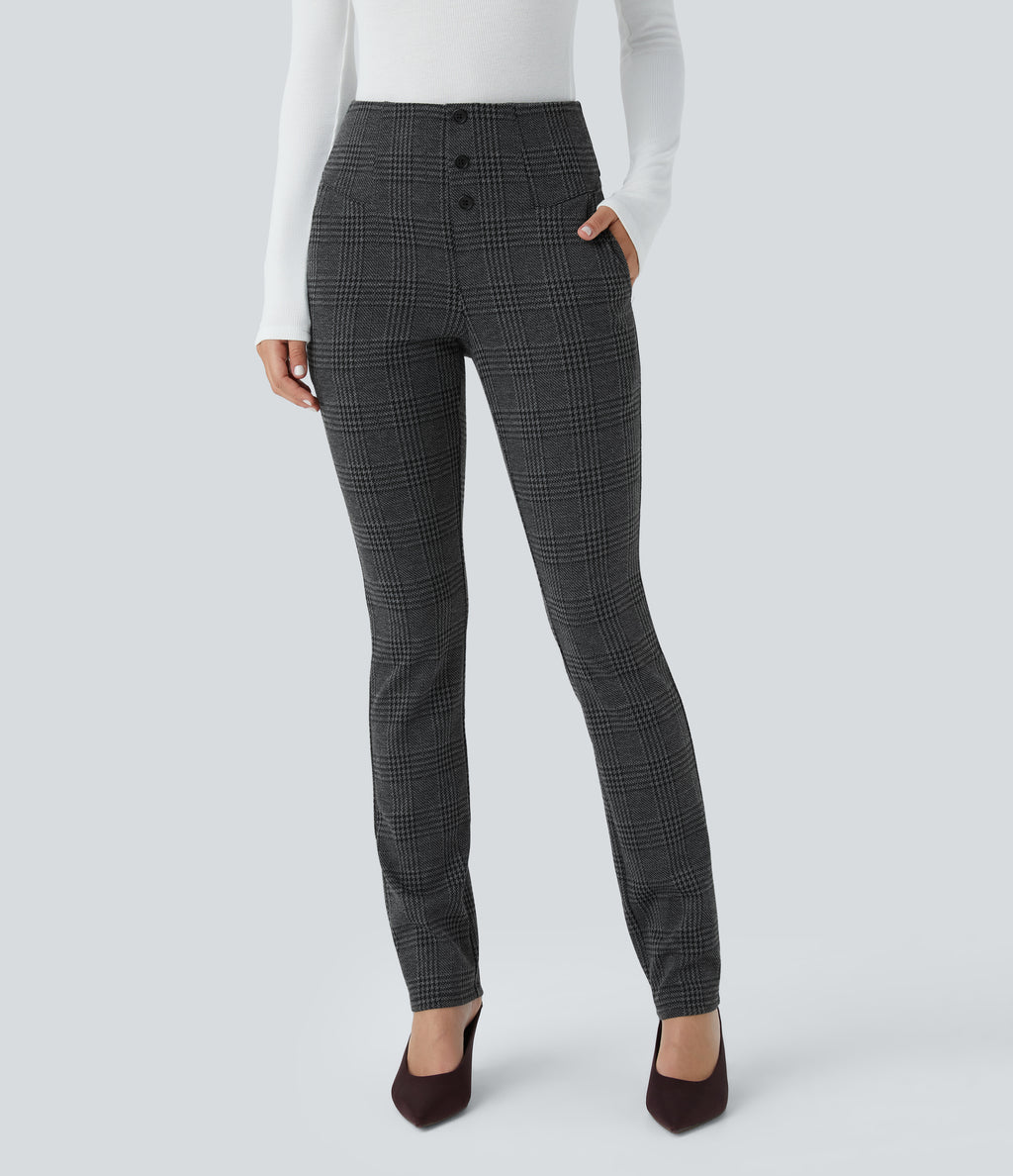 High Waisted Houndstooth Plaid Skinny Work Trousers with Pockets — Charcoal Black Houndstooth Plaid — view 6