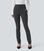 High Waisted Houndstooth Plaid Skinny Work Trousers with Pockets — Charcoal Black Houndstooth Plaid — view 6