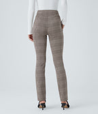 High Waisted Houndstooth Plaid Skinny Work Trousers with Pockets — Brown Houndstooth Plaid — view 2