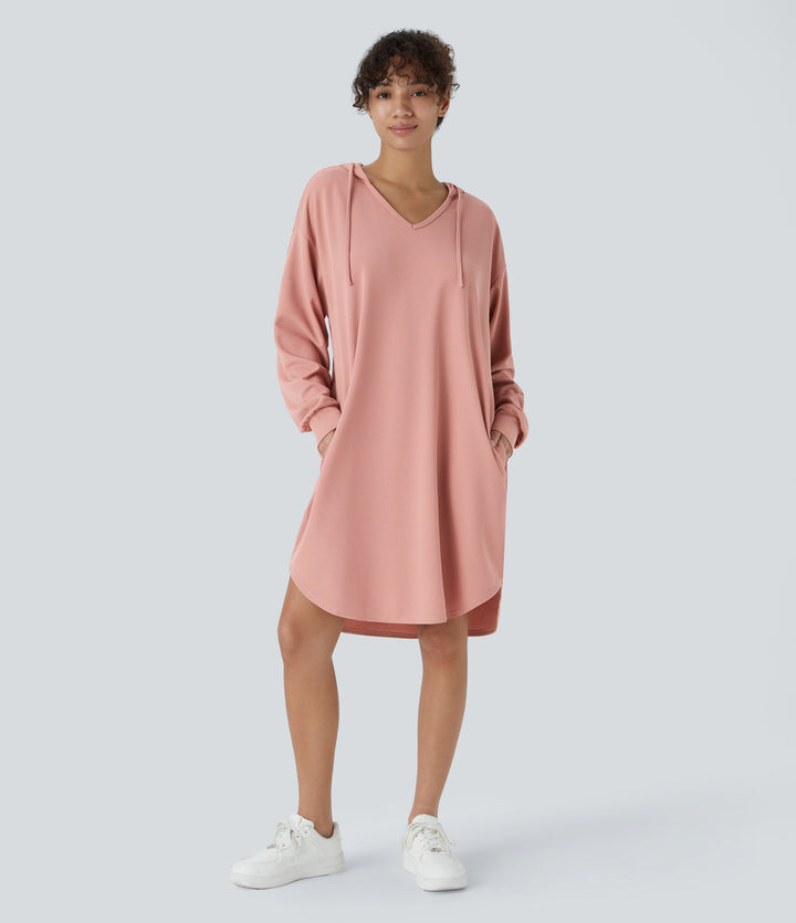 Drawstring Hooded Long Sleeve Side Pocket High Low Curved Hem Oversize Mini Waffle Casual Sweatshirt Dress — Rose Tan — view 1