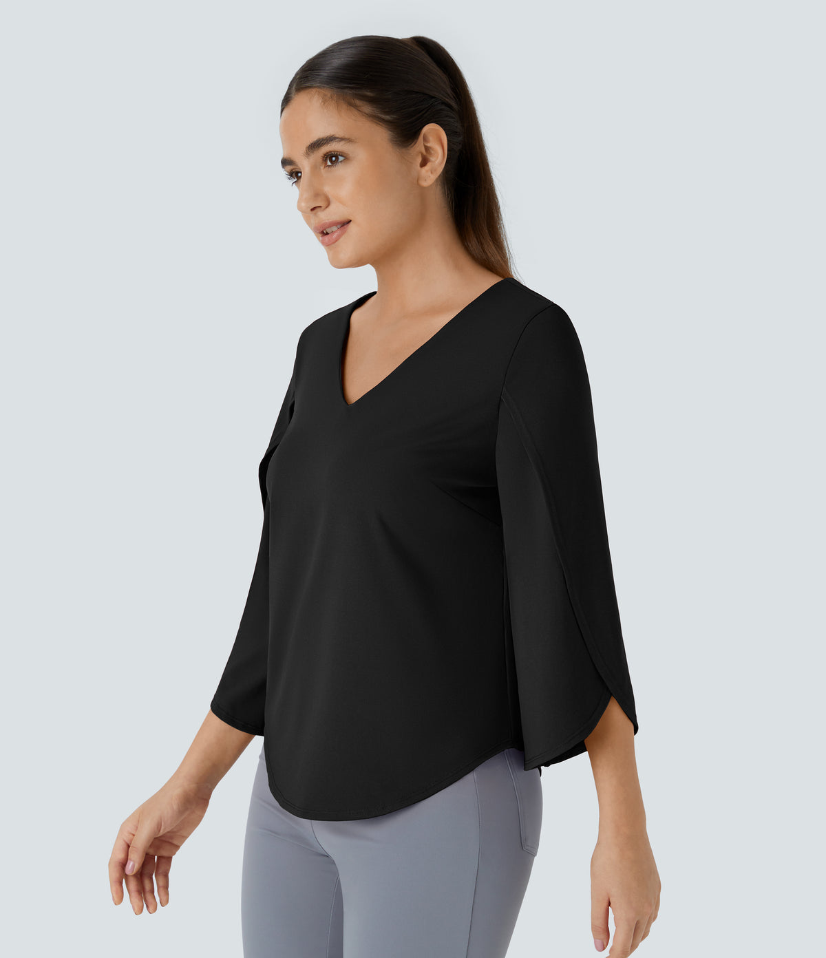 V Neck 3/4 Sleeve Curved Hem Work Top — Black — view 3