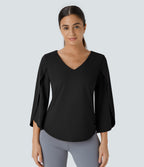 V Neck 3/4 Sleeve Curved Hem Work Top — Black — view 1