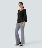 V Neck 3/4 Sleeve Curved Hem Work Top — Black — view 5