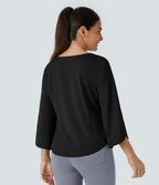 V Neck 3/4 Sleeve Curved Hem Work Top — Black — view 2