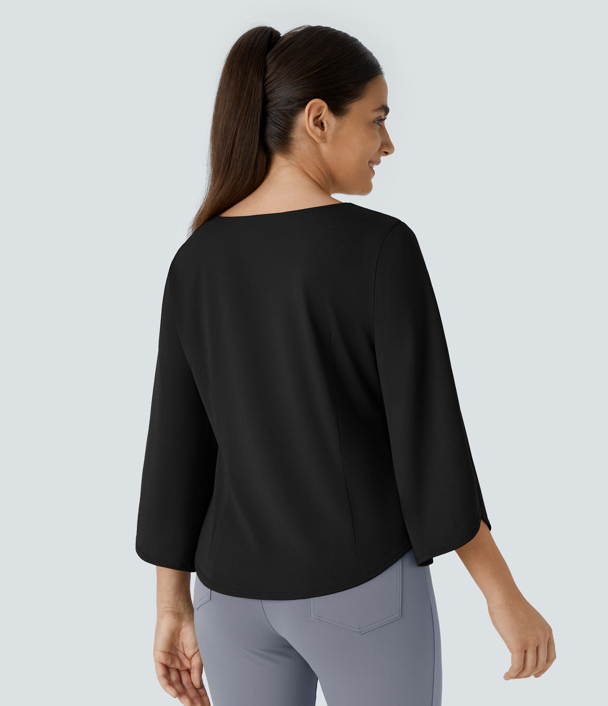V Neck 3/4 Sleeve Curved Hem Work Top — Black — view 2
