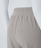 High Waisted Wide Waistband Pocket Wide Leg Waffle Work Trousers — Mink Ash — view 5