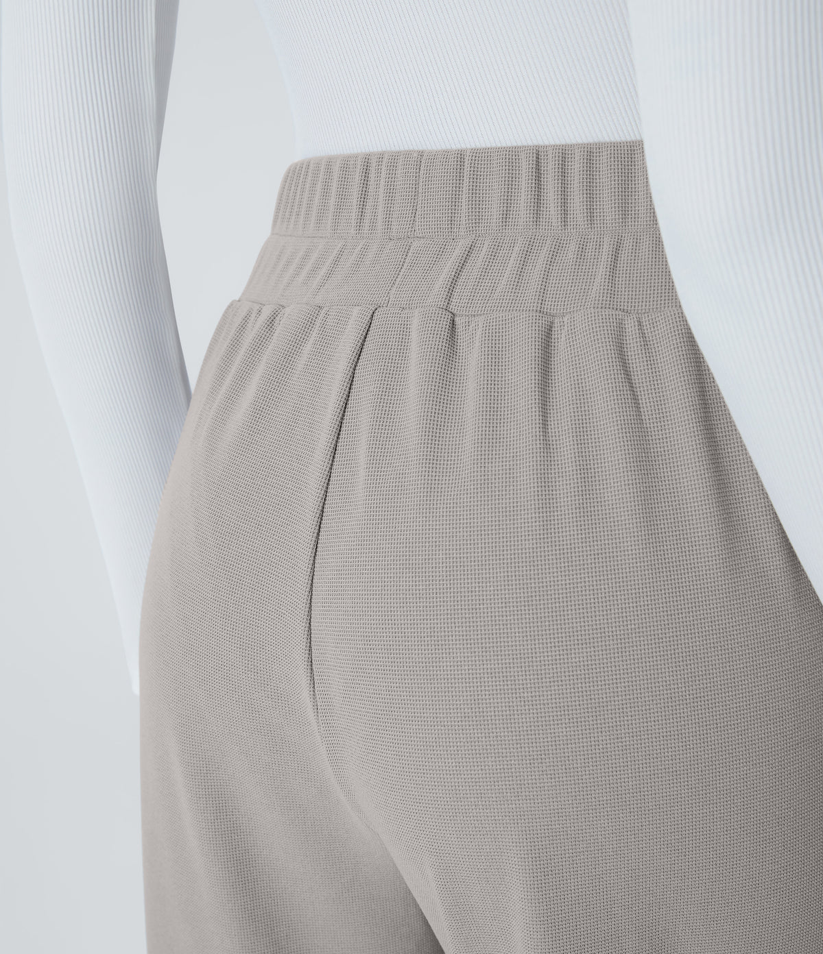 High Waisted Wide Waistband Pocket Wide Leg Waffle Work Trousers — Mink Ash — view 5