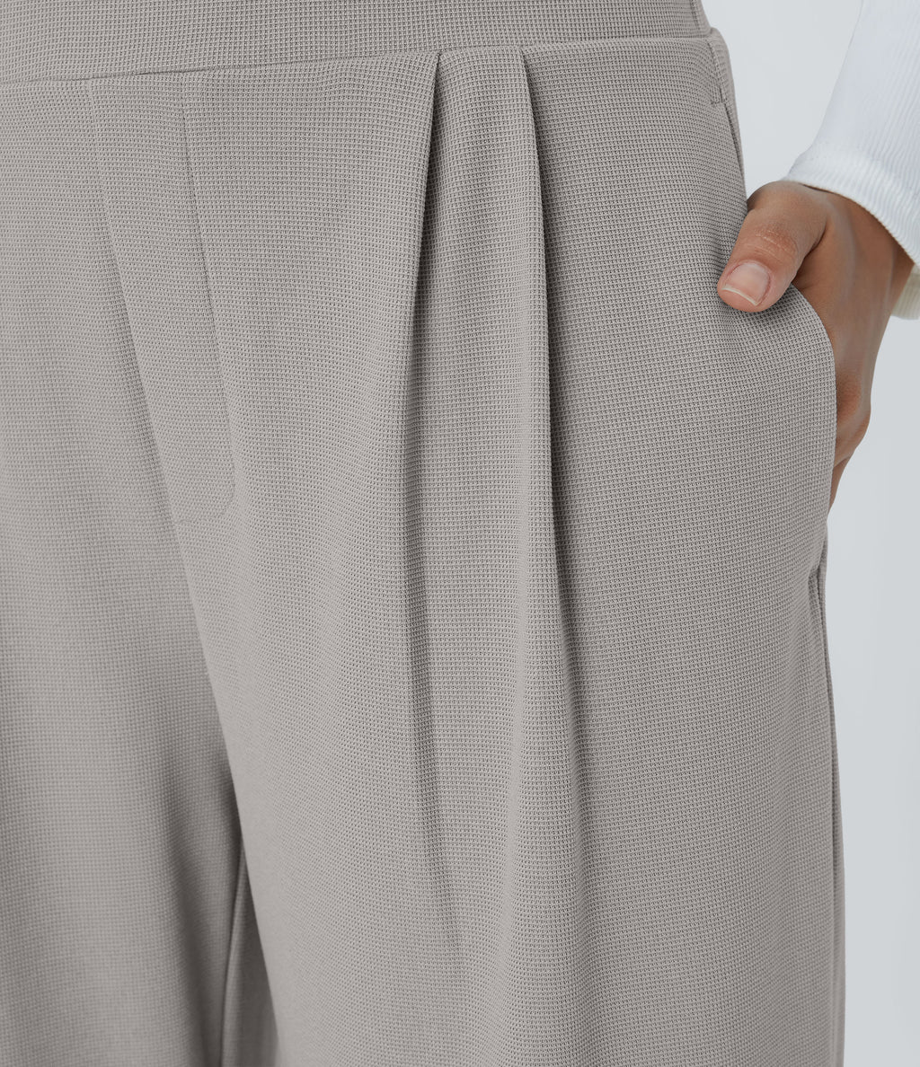 High Waisted Wide Waistband Pocket Wide Leg Waffle Work Trousers — Mink Ash — view 4