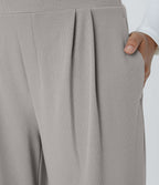 High Waisted Wide Waistband Pocket Wide Leg Waffle Work Trousers — Mink Ash — view 4