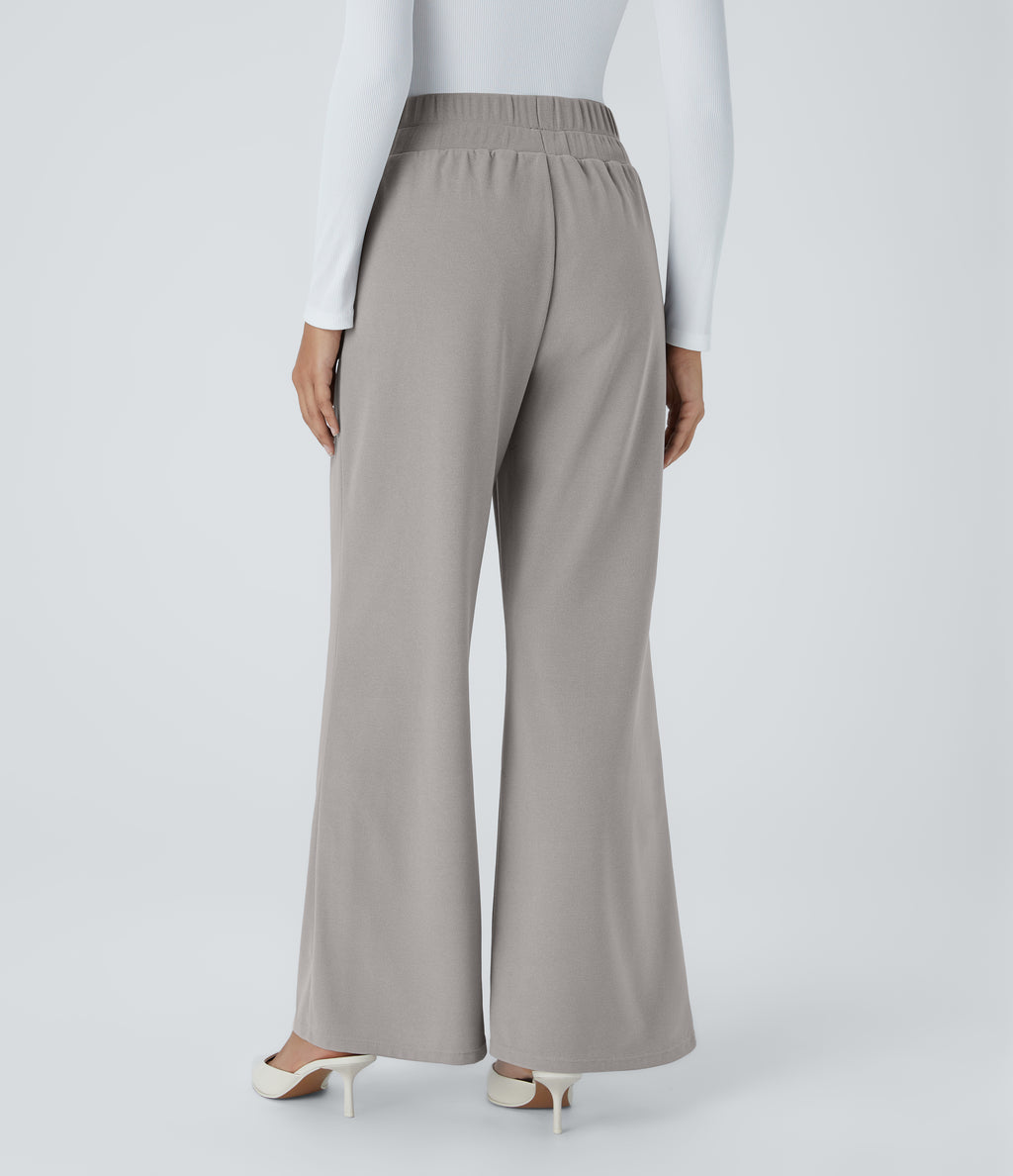 High Waisted Wide Waistband Pocket Wide Leg Waffle Work Trousers — Mink Ash — view 2