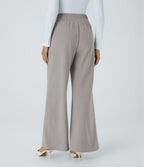 High Waisted Wide Waistband Pocket Wide Leg Waffle Work Trousers — Mink Ash — view 2