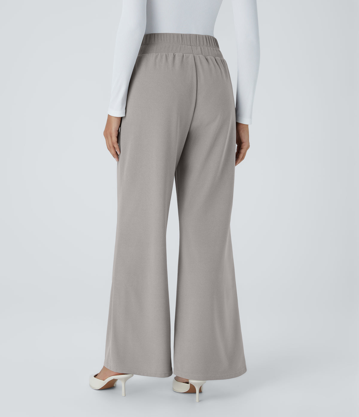 High Waisted Wide Waistband Pocket Wide Leg Waffle Work Trousers — Mink Ash — view 2