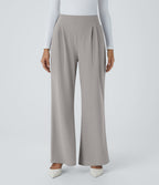 High Waisted Wide Waistband Pocket Wide Leg Waffle Work Trousers — Mink Ash — view 3