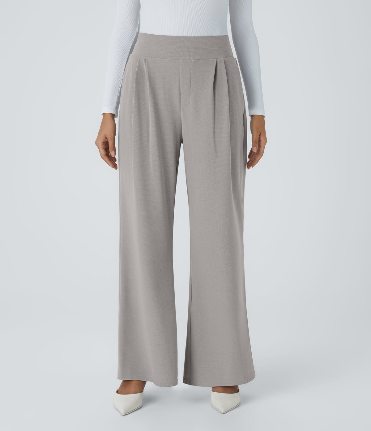 High Waisted Wide Waistband Pocket Wide Leg Waffle Work Trousers — Mink Ash — view 3