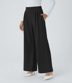High Waisted Wide Waistband Pocket Wide Leg Waffle Work Trousers — Black — view 7