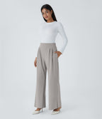 High Waisted Wide Waistband Pocket Wide Leg Waffle Work Trousers — Mink Ash — view 6