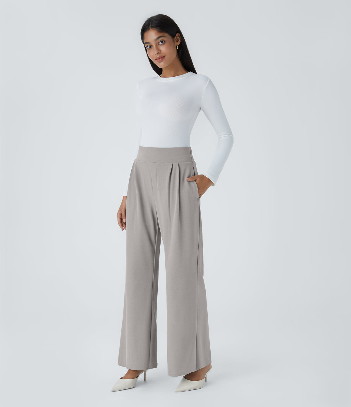 High Waisted Wide Waistband Pocket Wide Leg Waffle Work Trousers — Mink Ash — view 6