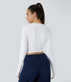 Round Neck Long Sleeve Ruched Skinny Cropped Casual Top — White — view 2