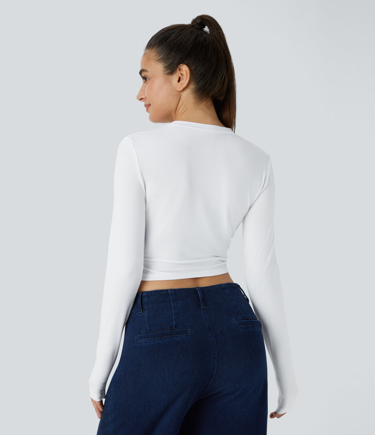 Round Neck Long Sleeve Ruched Skinny Cropped Casual Top — White — view 2