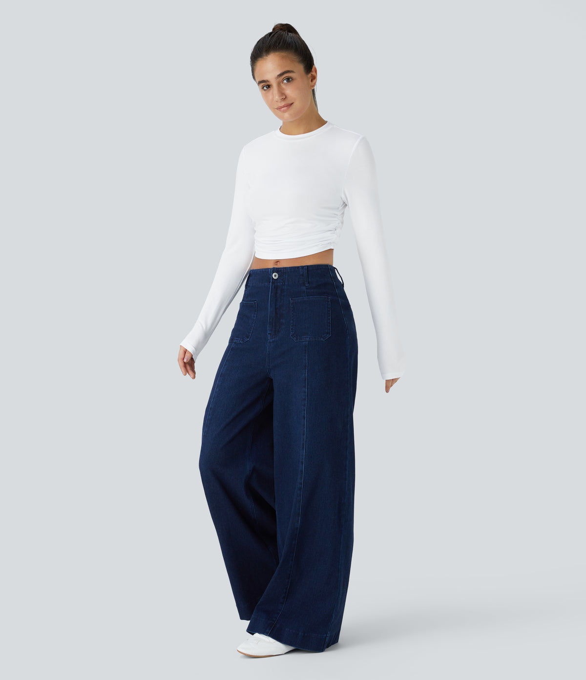 Round Neck Long Sleeve Ruched Skinny Cropped Casual Top — White — view 5
