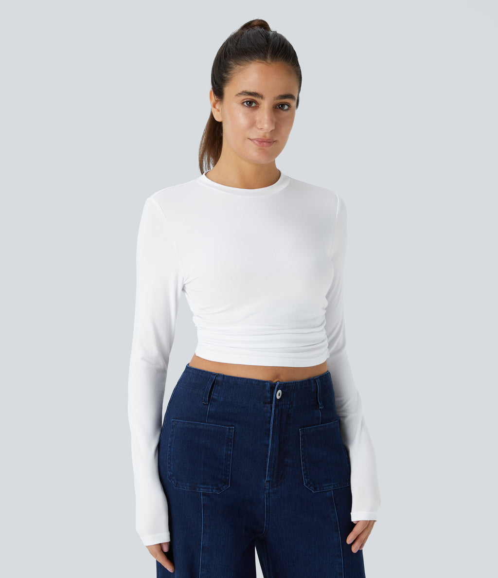 Round Neck Long Sleeve Ruched Skinny Cropped Casual Top — White — view 1