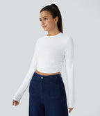 Round Neck Long Sleeve Ruched Skinny Cropped Casual Top — White — view 3