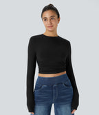Round Neck Long Sleeve Ruched Skinny Cropped Casual Top — Black — view 6