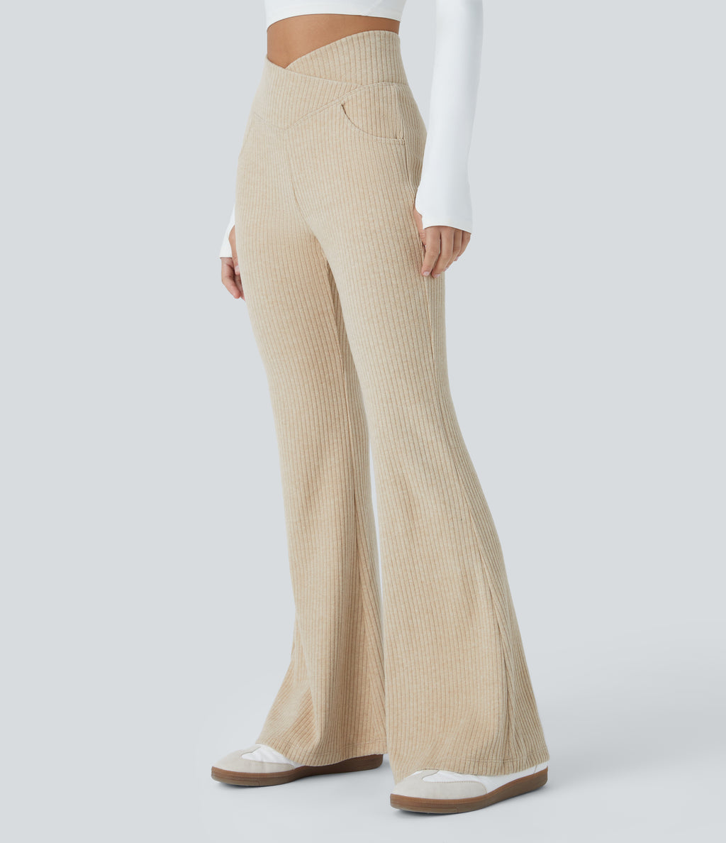 Ribbed Knit Crossover High Waisted Pocket Casual Flare Trousers — Fog — view 3