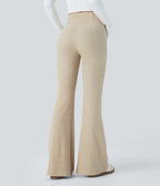 Ribbed Knit Crossover High Waisted Pocket Casual Flare Trousers — Fog — view 2