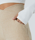 Ribbed Knit Crossover High Waisted Pocket Casual Flare Trousers — Fog — view 4