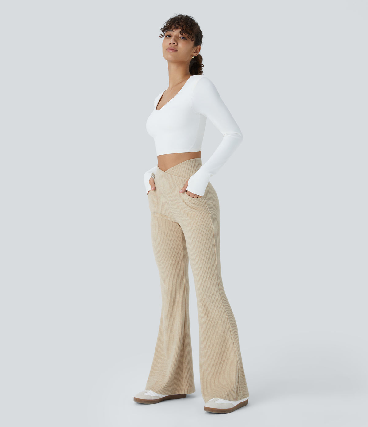 Ribbed Knit Crossover High Waisted Pocket Casual Flare Trousers — Fog — view 6