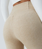 Ribbed Knit Crossover High Waisted Pocket Casual Flare Trousers — Fog — view 5