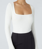 Ribbed Knit Square Neck Long Sleeve Skinny Casual Bodysuit — White — view 5