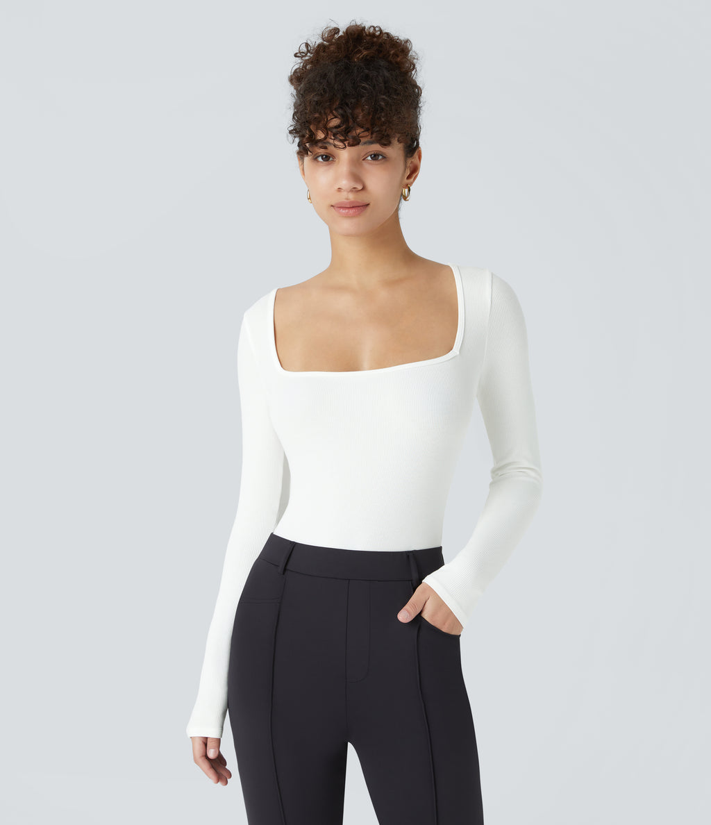 Ribbed Knit Square Neck Long Sleeve Skinny Casual Bodysuit — White — view 2