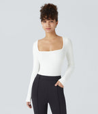 Ribbed Knit Square Neck Long Sleeve Skinny Casual Bodysuit — White — view 2