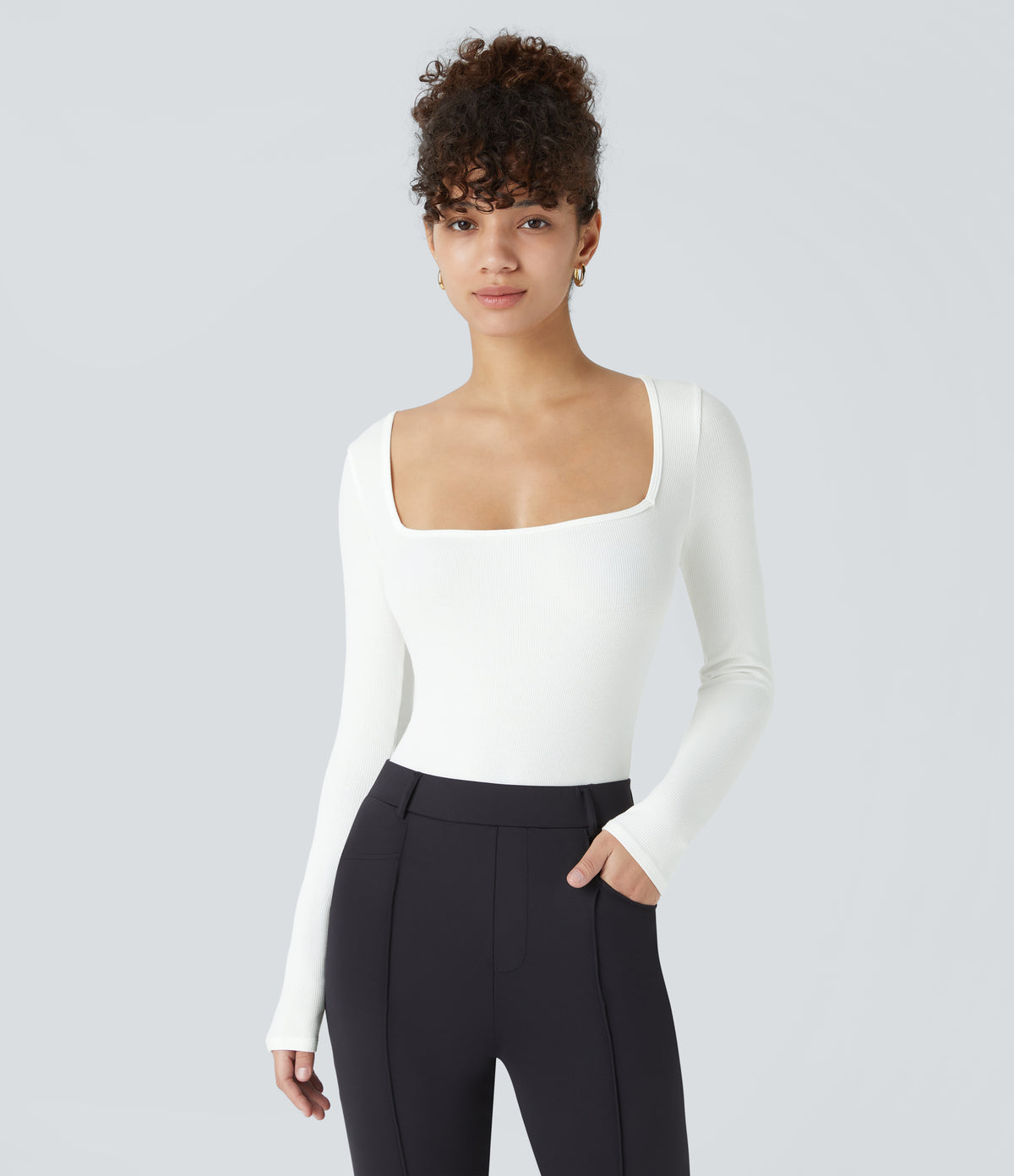 Ribbed Knit Square Neck Long Sleeve Skinny Casual Bodysuit — White — view 2