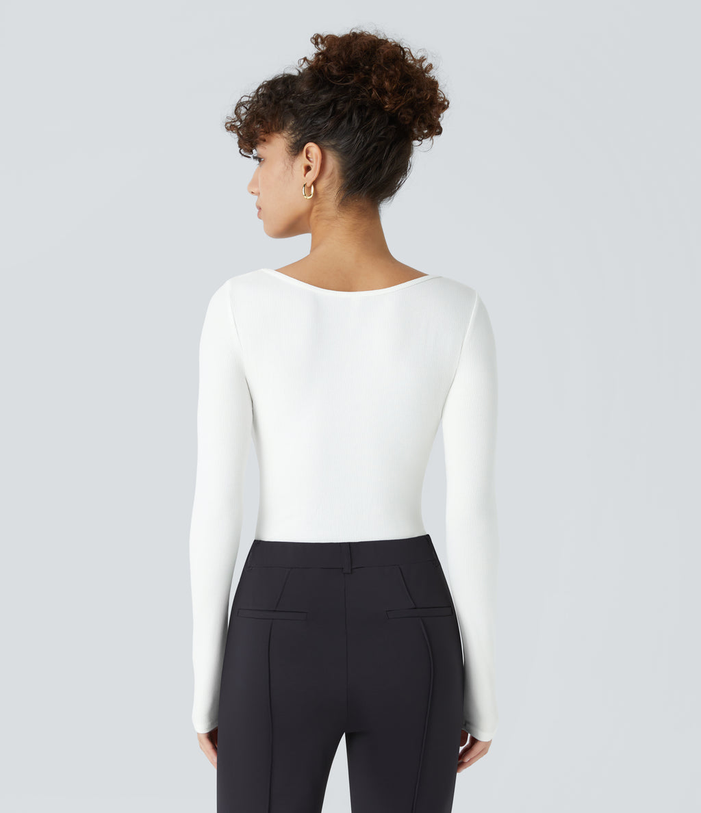 Ribbed Knit Square Neck Long Sleeve Skinny Casual Bodysuit — White — view 3